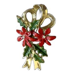 Vintage Gerry’s Christmas Brooch Poinsettia Holly Ribbon Gold Tone Enamel Pin 50